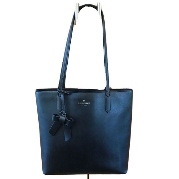 kate spade Black Shoulder Tote Bag Handbag Zip Double Strap Pockets Logo Lined - Picture 1 of 16